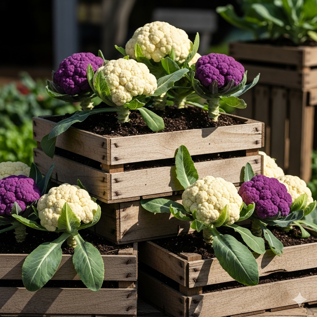 Fertilizing Cauliflower Plants in Wooden Boxes