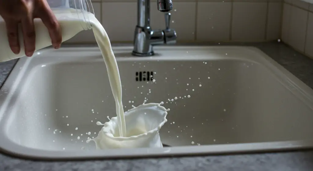 Pour milk into the sink, amazing what happens after 5 minutes